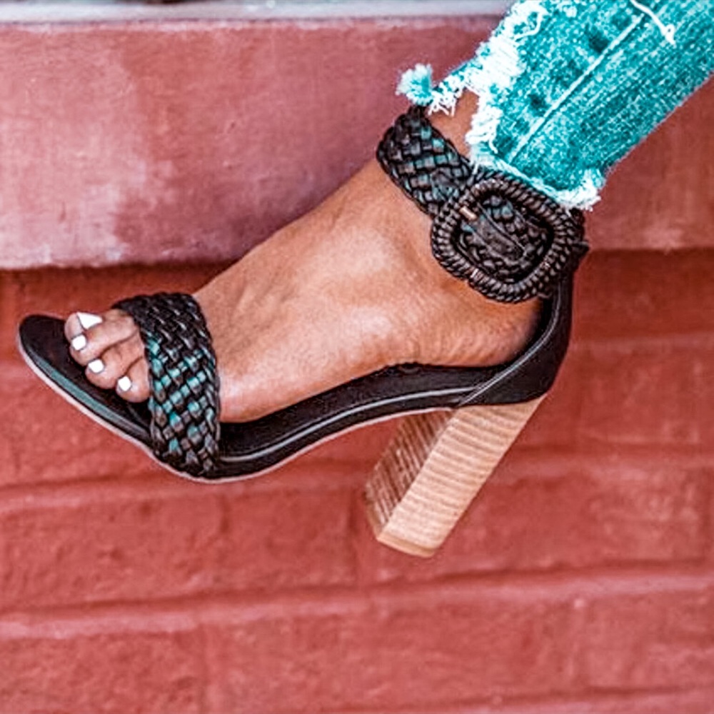 Black | Weaved Ankle Strap Block Heel - Picture 2 of 3